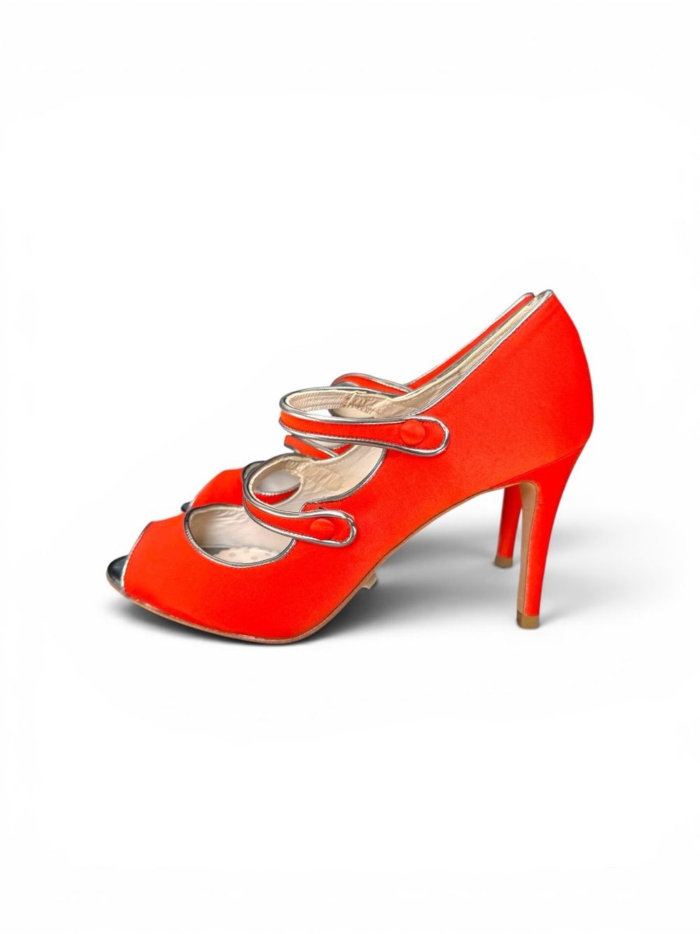 NWOT Boden Orange Double-Strap Peep-Toe Heels with Metallic Trim - Picture 3 of 7